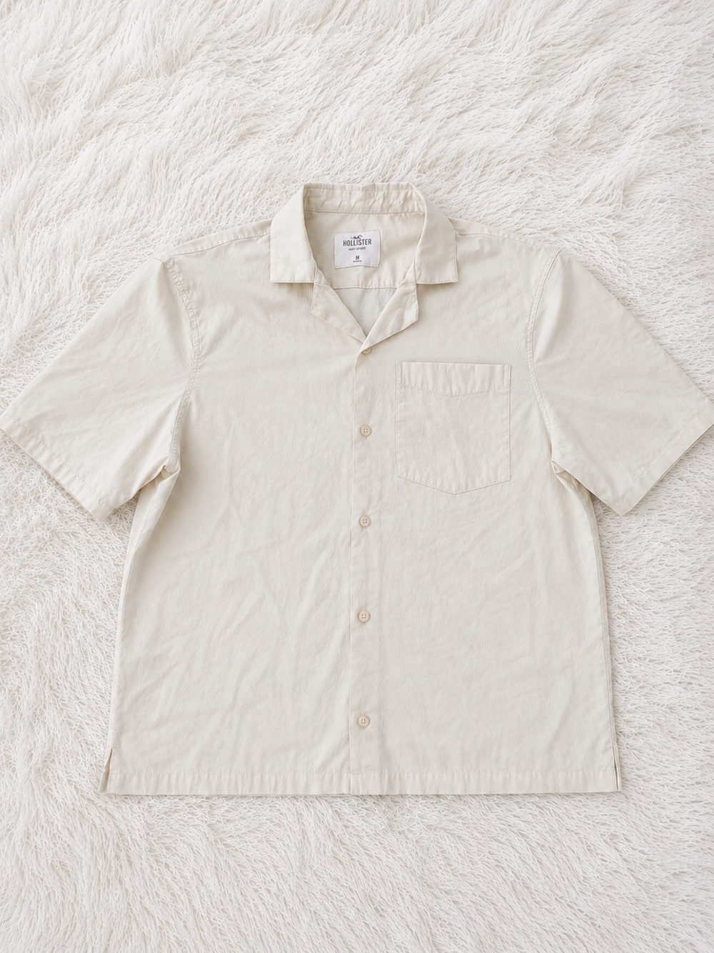 Hollister Boxy Crop Fit Button Shirt Beige Cream Short Sleeve Mens M